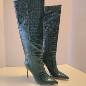 Jeffrey Campbell Knee-High Green Croc-Embossed Stiletto Boots